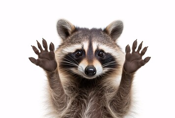Obraz premium raccoon with two hands raised isolated on white, humorous tone