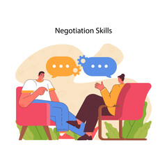 Negotiation skills concept. Two people in thoughtful conversation, exchanging ideas and seeking mutual understanding. Strategic communication showcased. Flat vector illustration