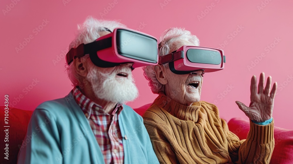 Aufkleber grandma and grandpa using vr headset against pastel color background. generative ai.