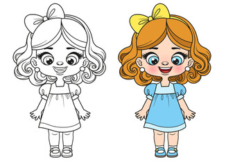 Cute cartoon girl in casual dress outline and color variation for coloring page