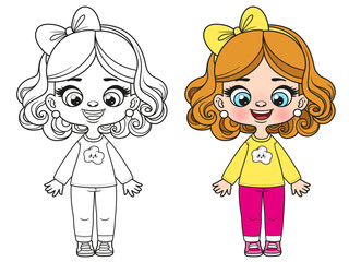 Cute cartoon curly haired girl color and outlined for coloring page on white background