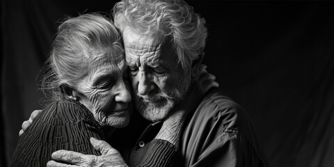 Tender Embrace of Elderly Couple in Monochrome