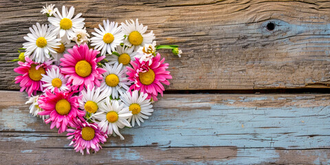 Obraz premium Heart-shaped Floral Arrangement on Rustic Wood