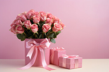 Beautiful bouquet flowers pink roses in vase and gift box with satin bow on pastel pink background table. Birthday, Wedding, Mother's Day, Valentine's day, Women's Day. Front view Generative AI