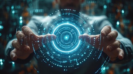 An abstract background template featuring a businessman with a futuristic touch, Showcase the elegance of technology by incorporating hi-tech elements around the businessman hand. Generative AI.