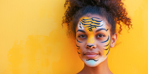 Young Woman with Tiger Face Paint on Yellow Background
