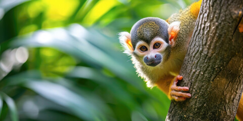 Inquisitive Squirrel Monkey Peeking Around a Tree in a Lush Green Forest