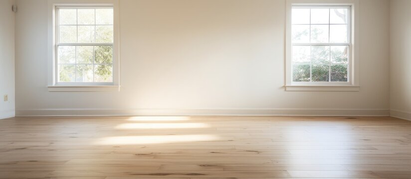 Bright, empty living room with wood floor pictured.