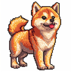 Pixelated art design of a cute happy Shiba Inu dog with it's tongue out on a white background