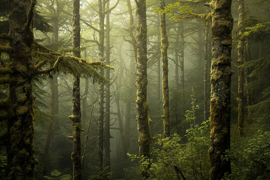 dense forest emerges from the mist, with towering trees adorned with intricate patterns of moss and lichen.