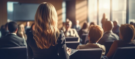 Caucasian female speaker addresses diverse business people in a conference room seminar from behind.