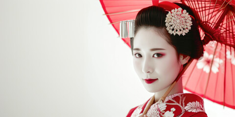 Elegant Geisha with Red Umbrella, Traditional Japanese Cultural Fashion