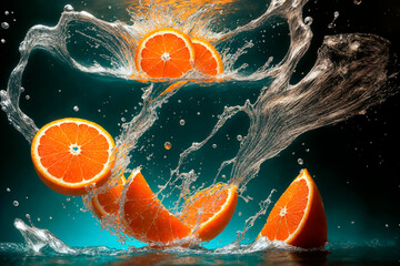 Frozen wavy motion of falling orange slices submerged in refreshing turquoise water in summer ideal for food or drink, realistic photography, generative AI