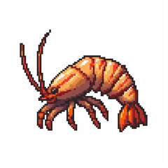 Pixelated art design of a small live pink shrimp on a white background