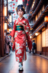 Japanese woman walks through busy streets near Japanese temple wearing traditional Asian kimono surrounded by traditional architecture and culture in Japan, photo realistic, generative AI