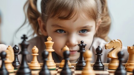 A little girl is playing chess, The concept of creative education of a child, Training of thinking. Generative AI.