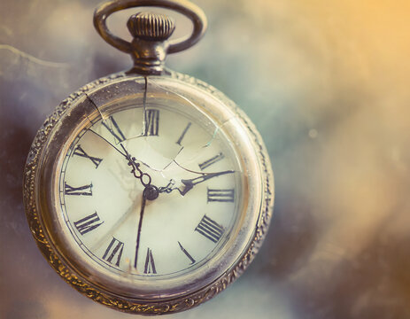 Running out of time concept. Clock ticking out. Cracked clock in antique style. Retro style clock. Generative Ai