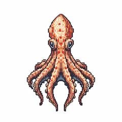 Pixelated art illustration of a squid against a white background