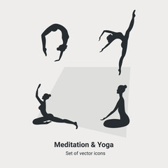 Silhouette of girls doing yoga. Modern minimalist style set icons for meditation and yoga services and for dancing. Healthy Lifestyle Related Icons. Vector Symbol Illustration. Yoga for a good balance