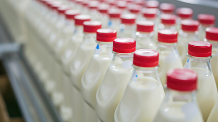 Obraz premium Industrial Bottling: Rows of Milk Bottles on a Production Line