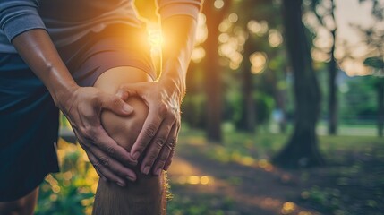 Runner's Knee Pain on Forest Trail at Sunset