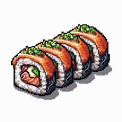 Pixelated art illustration of a roll of California spicy tuna salmon sushi rolls against a white background