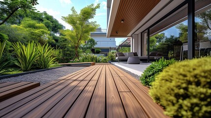 A low-angle picture of a contemporary home wooden patio and decking made of tropical hardwoods, Modern house design. Generative AI.