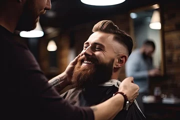  Smiling Bearded Man Enjoying Grooming at a Barber Shop © KirKam