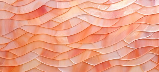 Abstract peach fuzz glazed glossy deco glamour mosaic tile wall texture with geometric shapes - waving waves background