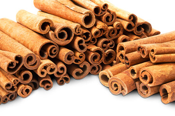 A bunch of cinnamon sticks isolated on a white and transparent background. Side view. PNG.