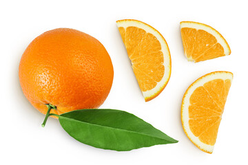 Orange fruit with slices isolated on white background. Top view. Flat lay.