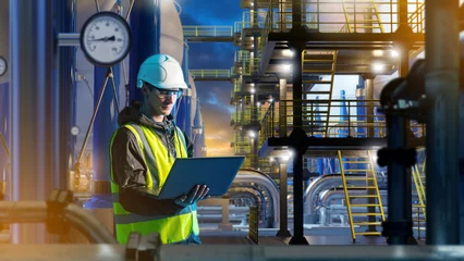 Foto op Canvas Man works for energy company. Engineer stands among hydrogen equipment. Mechanic with laptop controls process of obtaining energy. Man inspects hydrogen power plant. electricity from hydrogen H2 © Grispb