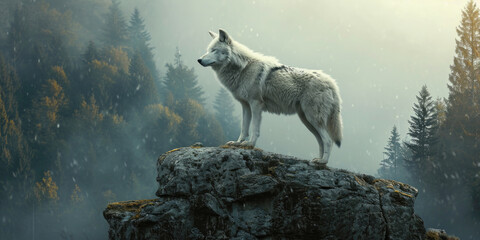 Lone Wolf on a Misty Cliff Overlooking a Forest