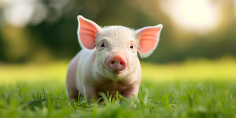 Adorable Piglet Frolicking in the Grass on a Sunny Day