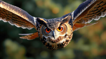 Eagle Owl in Flight with Intense Gaze