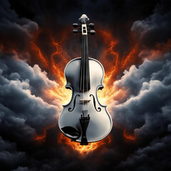 White violin in fiery clouds.