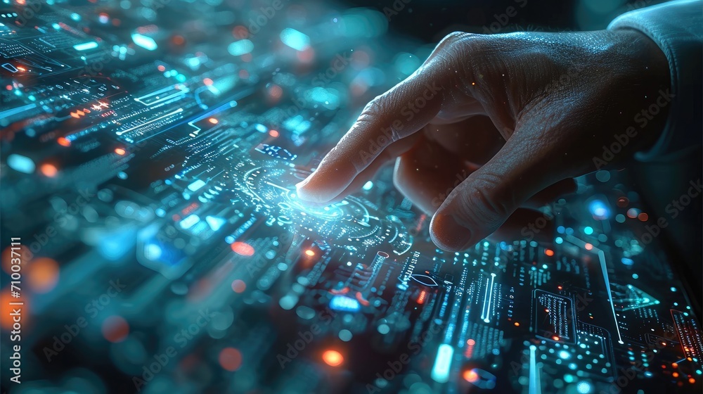 Poster showcase a businessman's hand interacting with a holographic interface filled with digital business 