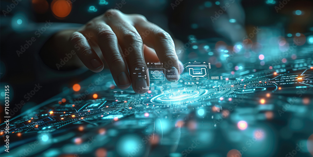 Poster showcase a businessman's hand interacting with a holographic interface filled with digital business 