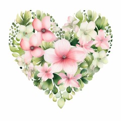 small simple pink and green flowers watercolor Heart Print, Valentines Day, Nursery style, white background, isolated