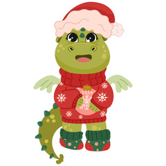 Cute green Christmas dragon in winter hat. Year of the Dragon , Chinese calendar.