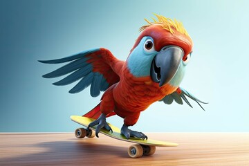 Animated parrot on a skateboard posing indoors with a confident look. - obrazy, fototapety, plakaty