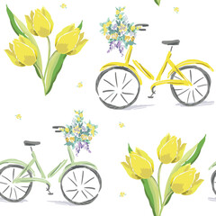 Yellow tulips, bicycles with flowers, white background. Vector seamless pattern. Cute print. Spring illustration