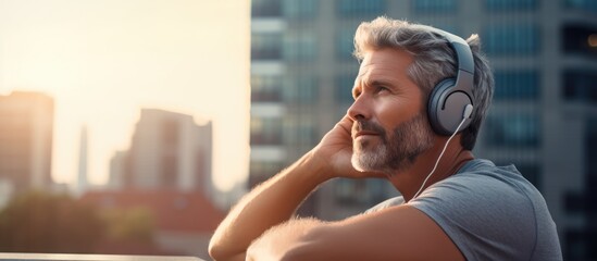 Attractive middle-aged man jogger pausing to rest and listen to music in city.