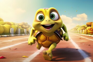Animated turtle cheerfully running on a race track, feeling the wind.
