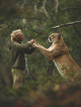 A Photo of a Man Playing with a Mountain Lion in Nature