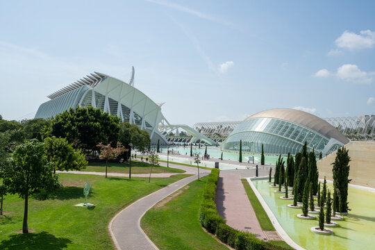Valencia, Spain - August 17, 2023: Gardens in the city of arts and sciences