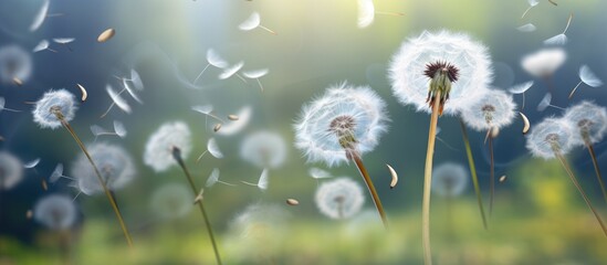 Dandelion disperses seeds by wind. - obrazy, fototapety, plakaty