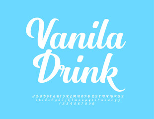 Vector advertising flyer Vanilla Drink. Beautiful Cursive Font. Modern White Alphabet Letters and Numbers.