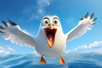 Cheerful seagull with outstretched wings standing in shallow ocean water under a bright sky.