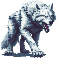 Pixelated art illustration of a ferocious frost wolf with open fangs against a white background